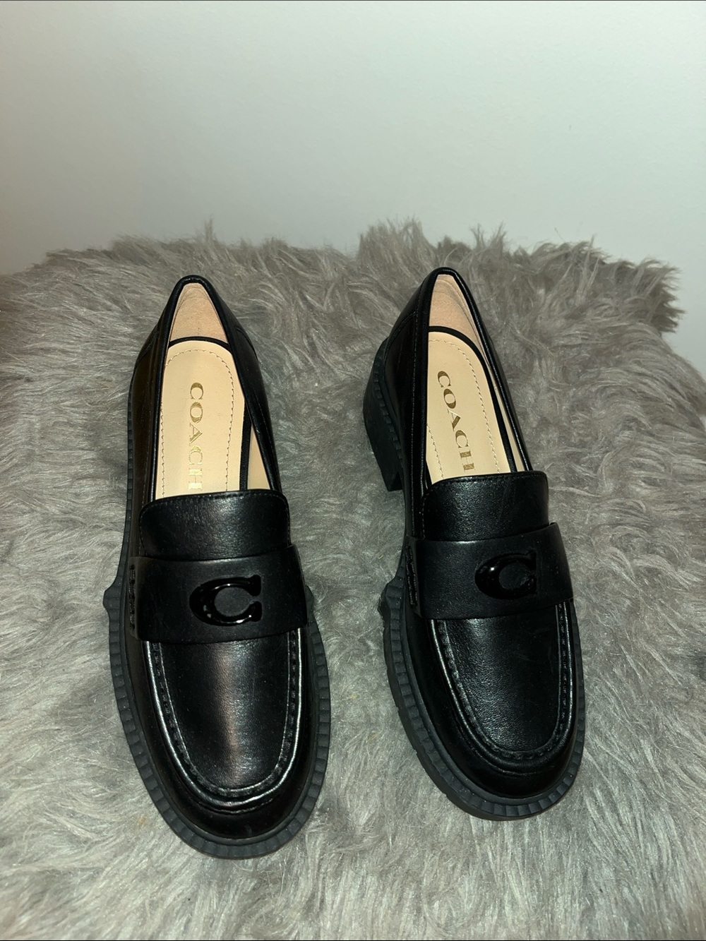 Coach Black Leather Chunky Sole Penny Loafers - Women